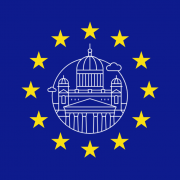 The EU flag with a landmark icon of Helsinki's cathedral placed in the middle