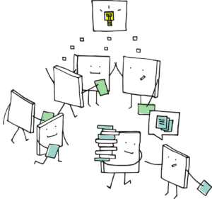 animated books working together to produce a pile of smaller books with a lightbulb above them to signify the power of working together